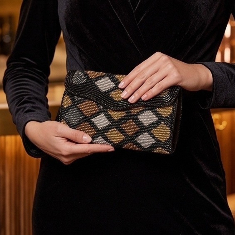 Vintage Beaded Harlequin Clutch Purse Black Gold Silver Diamond Evening Bag 8x4